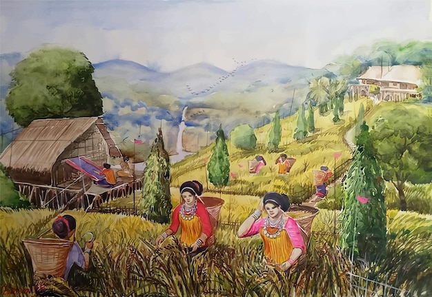 Vecteur illustration de peinture de style de vie d'ampli de zone montagneuse aquarelle dessinée à la main