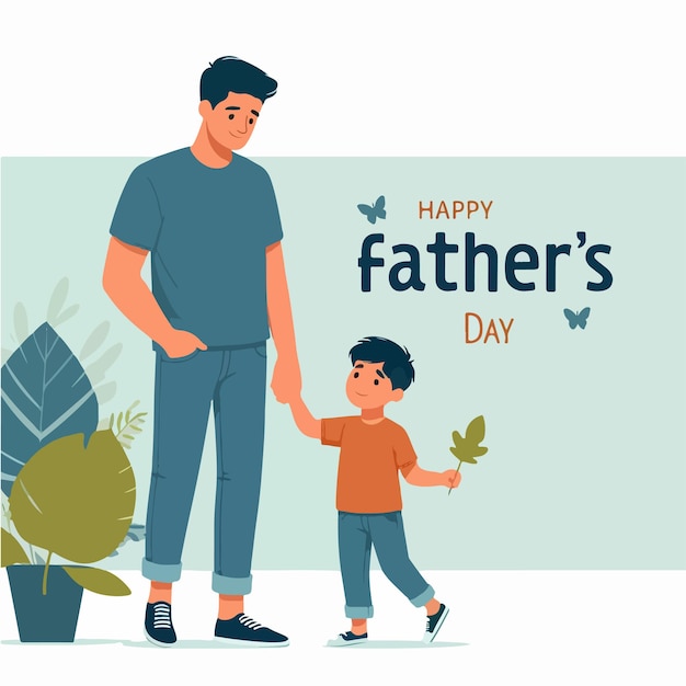 Illustration d'un père et d'un fils avec le texte Joyeux jour du père dans un style de design plat