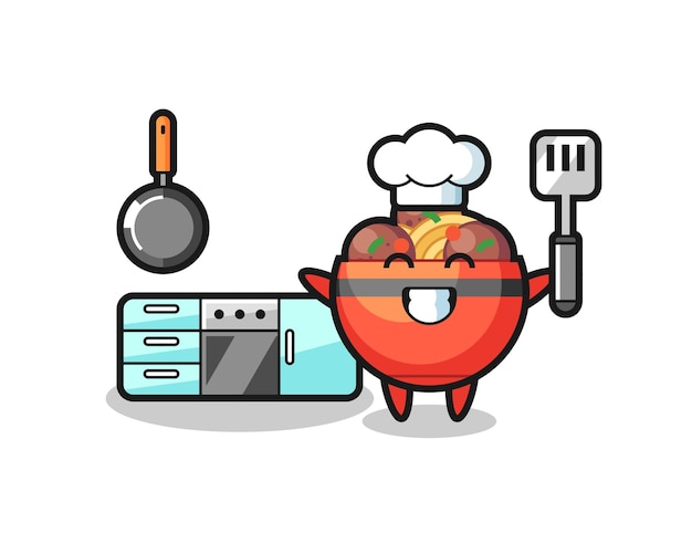 Illustration De Personnage De Bol De Boulettes De Viande En Tant Que Chef Cuisine