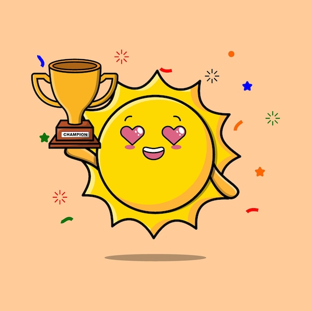 Illustration De Personnage De Dessin Animé Mignon Du Soleil Tient Le Trophée D'or Avec Un Geste Heureux Mignon