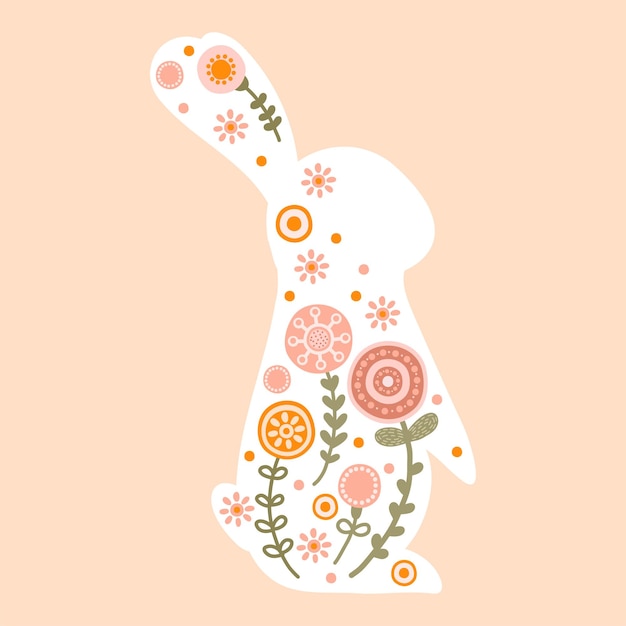 Vecteur illustration personnage de lapin de pâques dans des couleurs pastel chaudes lapin de silhouette de printemps mignon avec fleur