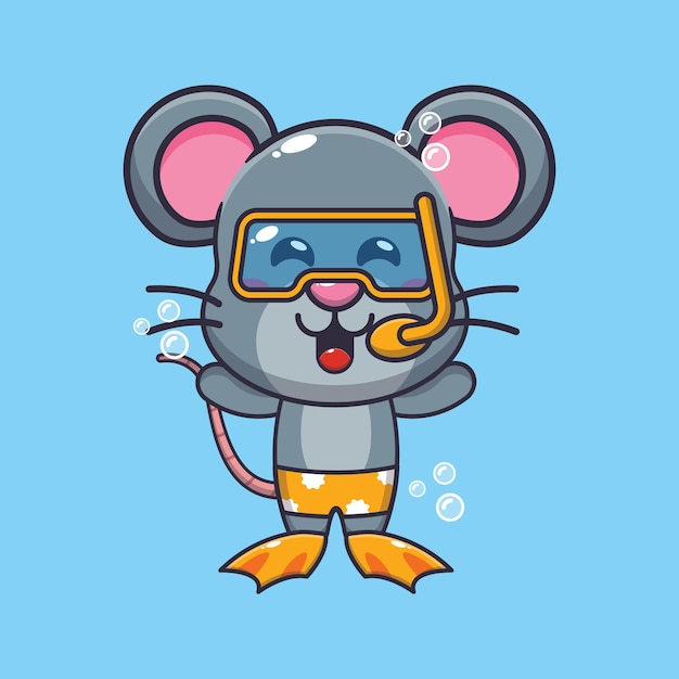 Vecteur illustration de personnage de mascotte de dessin animé de plongée de souris mignonne.