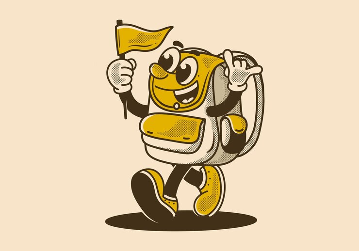 Vecteur illustration de personnage de mascotte vintage d'un sac d'école de marche tenant un drapeau