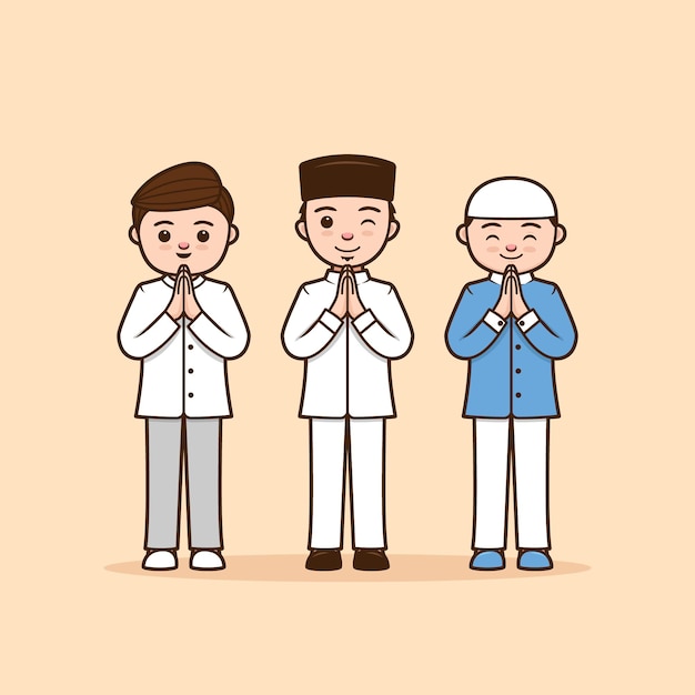 Vecteur illustration de personnage ramadhan masculin remerciant, saluant, excusez-vous, adieu pose avec respect en utilisant deux paumes d'épissure ensemble