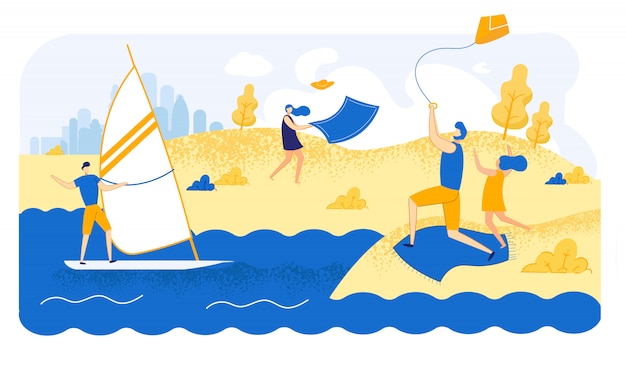 Illustration De Personnages à La Plage été Venteux Météo.