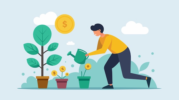 Vecteur une illustration d'une personne plantant un arbre d'argent avec la légende investir dans des actifs qui poussent avec