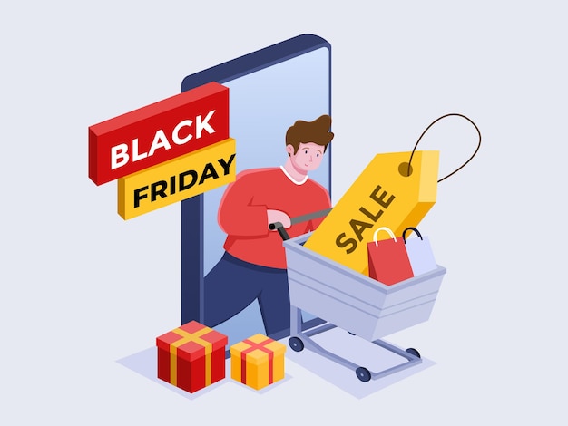 Illustration De Personnes Achetant Dans Une Boutique En Ligne Avec Un Smartphone Lors De L'événement Black Friday Sale