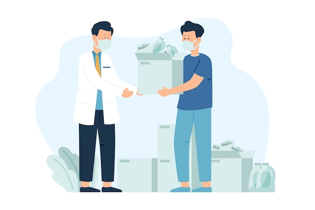 Illustration de personnes faisant don de matériel sanitaire en quarantaine