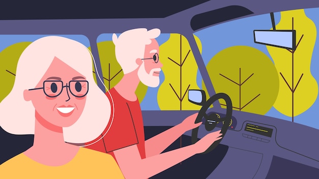 illustration de personnes à l'intérieur de leurs voitures. Personnage masculin conduisant une voiture avec sa femme. Voyage en famille, vieil homme et femme en route.