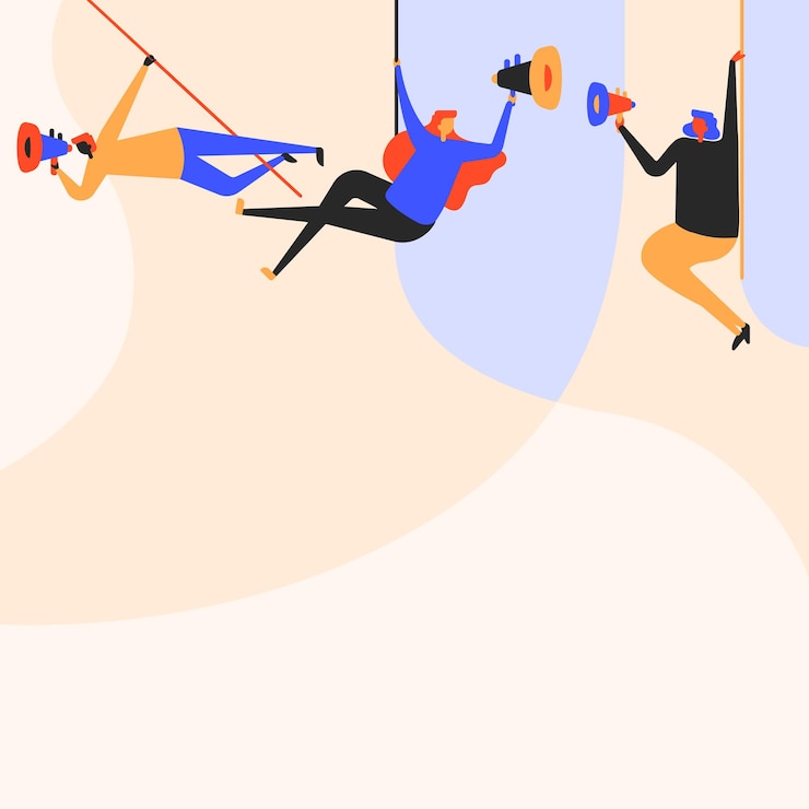 Vecteur illustration de personnes suspendues au plafond avec des mégaphones faisant une nouvelle ligne d'équipe d'annonce