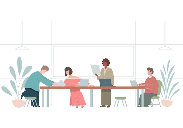 Illustration Avec Des Personnes Travaillant Au Bureau. Caractères De Collègues Plats.