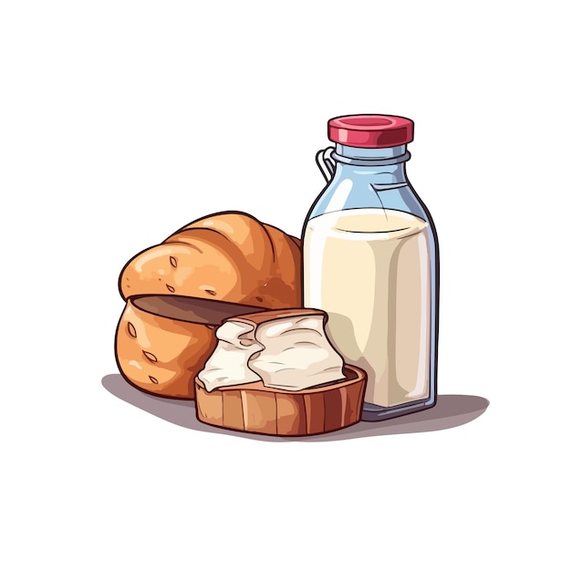 illustration de petit déjeuner lait et pain dessin animé dessiné à la main