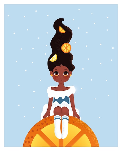 Vecteur illustration avec une petite fille afro-américaine assise sur une tranche d'affiche plate de dessin animé orange