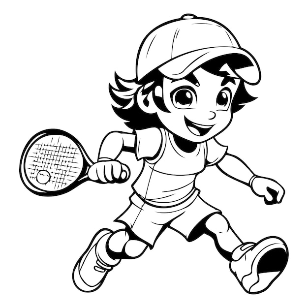 Vecteur illustration d'une petite fille jouant au tennis avec une raquette de tennis