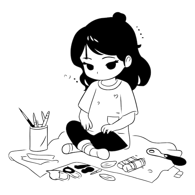Vecteur illustration d'une petite fille peignant un tableau sur un fond blanc