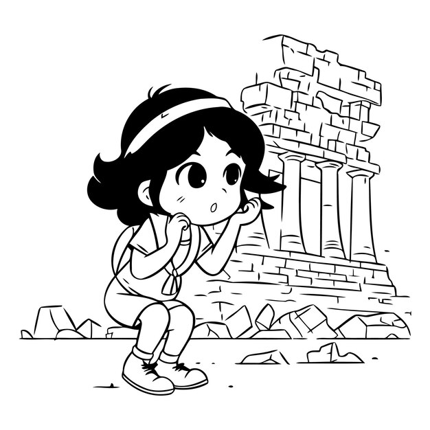 Illustration D'une Petite Fille Qui Regarde Le Temple De Poséidon