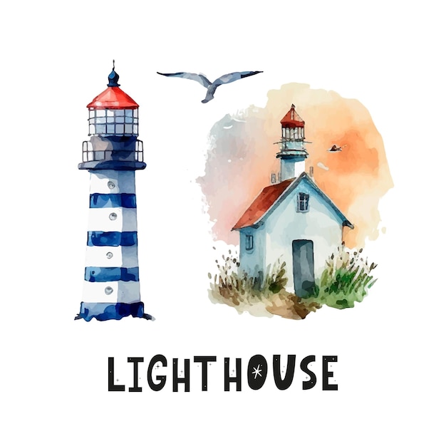 Illustration De Phare Aquarelle Phare Isolé Et Mouettes Sur Fond Blanc Oeuvre Dessinée à La Main