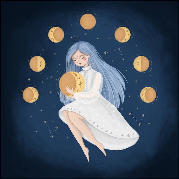 Illustration De Phase De Lune Dessin Animé Mignon. Une Femme Dans Le Ciel Tient La Lune. Illustration D'un Cycle Menstruel Féminin. Illustration De Conte De Fées.