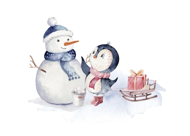 Illustration de pingouin de personnage de noël aquarelle dessin animé d'hiver mignon vacances d'animaux drôles noël