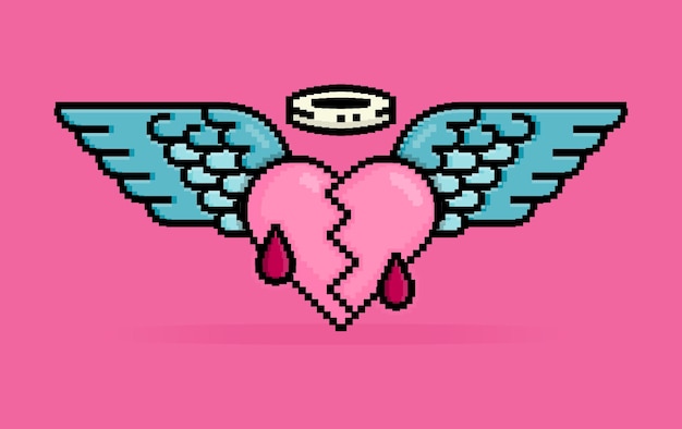 Vecteur illustration en pixels 8 bits d'un cœur ou d'un amour blessé et saignant qui devient un ange et qui a des ailes pour voler. peut être utilisé pour un autocollant, un t-shirt, un cadeau, une invitation à une rencontre, une affiche de voeux pour la saint-valentin.