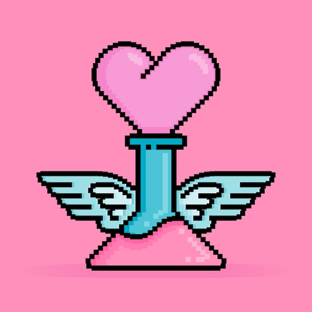 Vecteur illustration en pixels 8 bits d'une potion d'amour pour des relations durables stockées dans un verre avec des ailes. peut être utilisée pour un autocollant, un t-shirt, un cadeau, une invitation à une rencontre, une affiche de voeux pour la saint-valentin.
