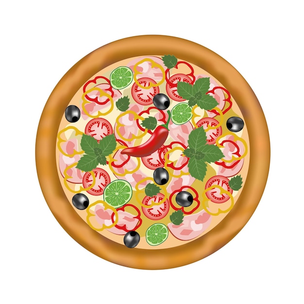 Vecteur illustration de pizza au jambon tomates et olives