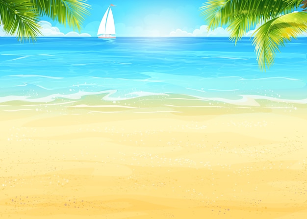 Vecteur illustration plage d'été et palmiers sur le fond de la mer et voilier blanc
