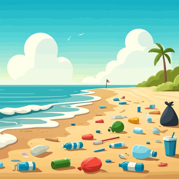 Vecteur illustration d'une plage polluée par les déchets