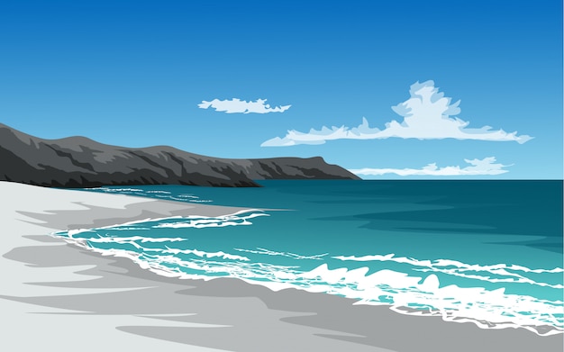 Vecteur illustration de la plage avec les vagues et la falaise