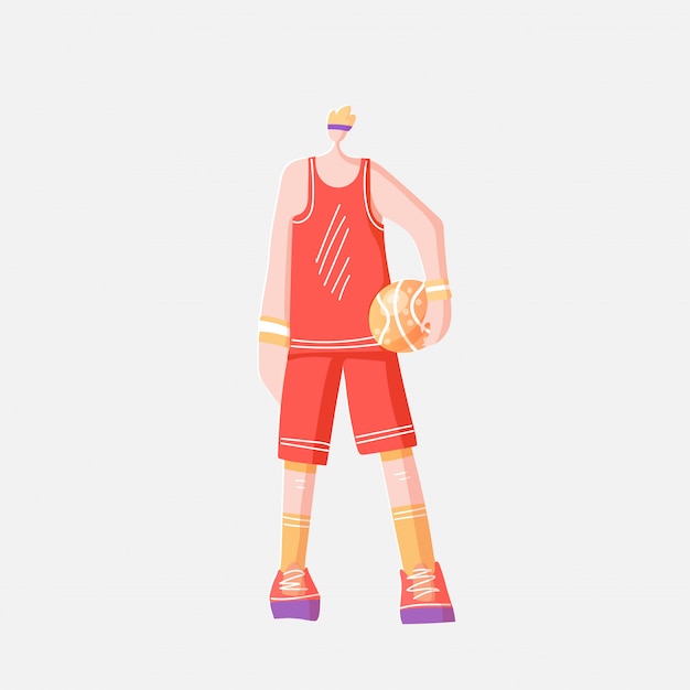 Illustration De Plat Vectorielle De Sportif En Uniforme De Sport Orange Rouge, Debout Avec Un Ballon De Basket, Isolé Sur Fond Blanc.