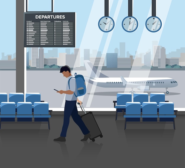Illustration Plate De L'aéroport à L'intérieur: Une Salle Avec Des Chaises, Un Tableau D'arrivée Et De Départ, Une Horloge, Des Fenêtres Et Des Passagers