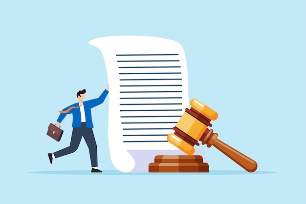 Illustration plate d'un avocat mature tenant un document juridique et un marteau symbolisant le jugement et le professionnalisme de la cour