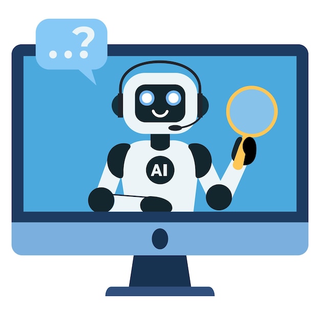 Illustration plate d'un chatbot AI mignon tenant une loupe sur l'écran du moniteur
