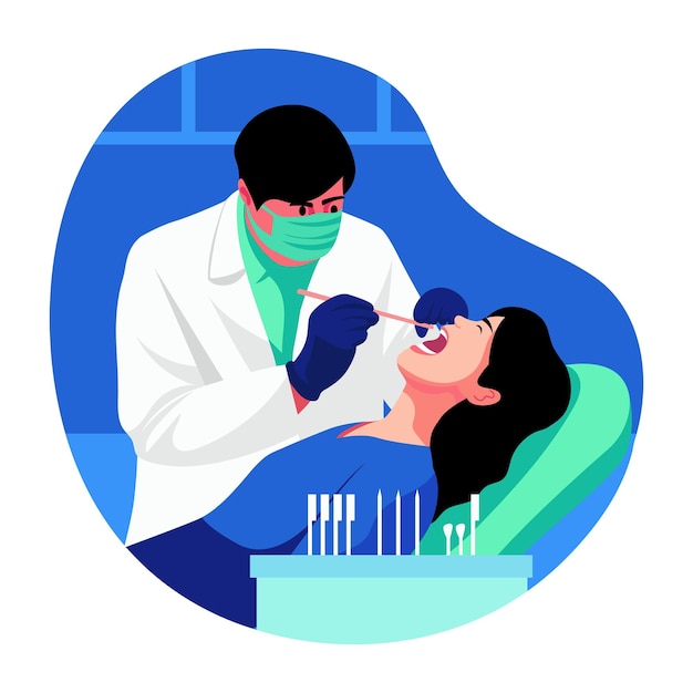 Une illustration plate d'un dentiste examinant son patient