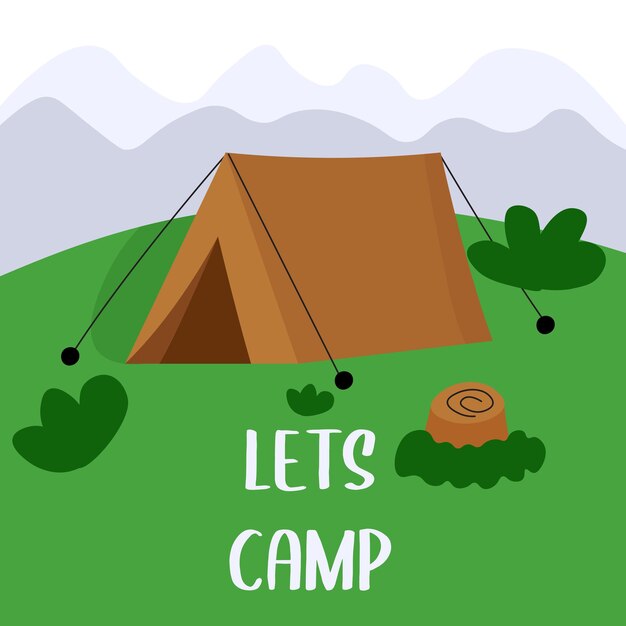 Vecteur illustration plate de dessin animé avec tente pour le concept de tourisme concept d'aventure de camping