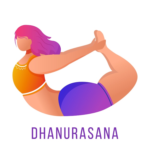 Illustration plate de Dhanurasana. Posture de l'arc. Femme Caucausienne faisant du yoga en vêtements de sport orange et violet. Entraînement, fitness. Exercice physique. Personnage de dessin animé isolé sur fond blanc