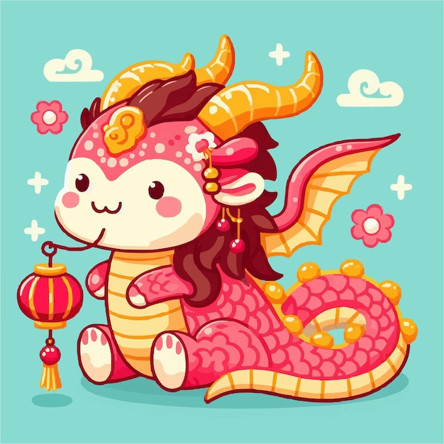 Vecteur une illustration plate d'un dragon mignon dans le style kawaiii.