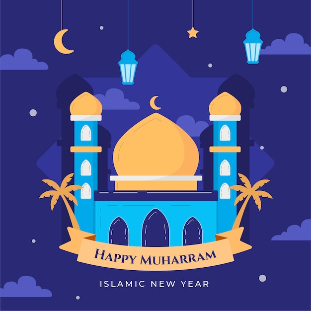 Illustration plate du nouvel an islamique avec palais la nuit