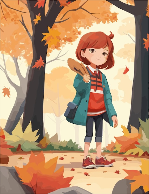 Vecteur une illustration plate de l'enfant caractérisant la saison d'automne et l'arrière-plan de la vue paysage