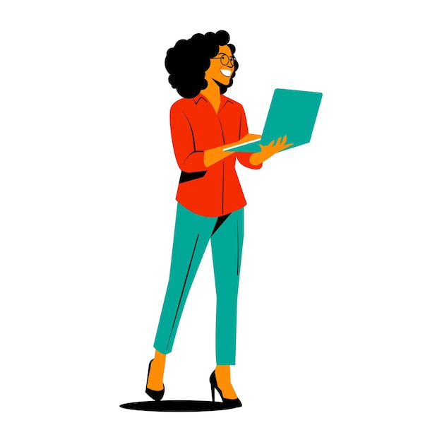 Illustration plate Une femme d'affaires debout travaillant sur un ordinateur portable isolée