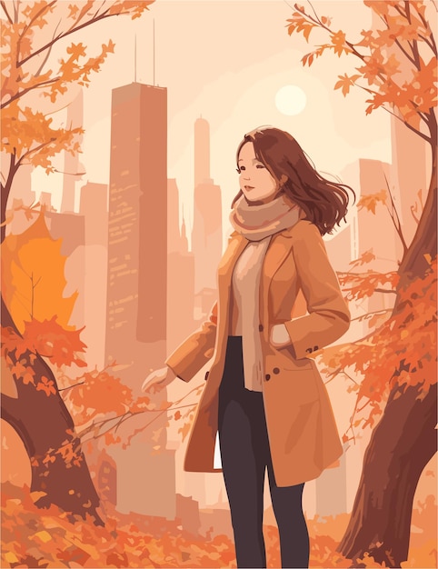 Vecteur une illustration plate d'une femme qui profite de la saison d'automne