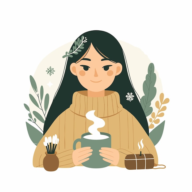 Une Illustration Plate D'une Femme Avec Une Vie Hygge Sur Un Fond Blanc