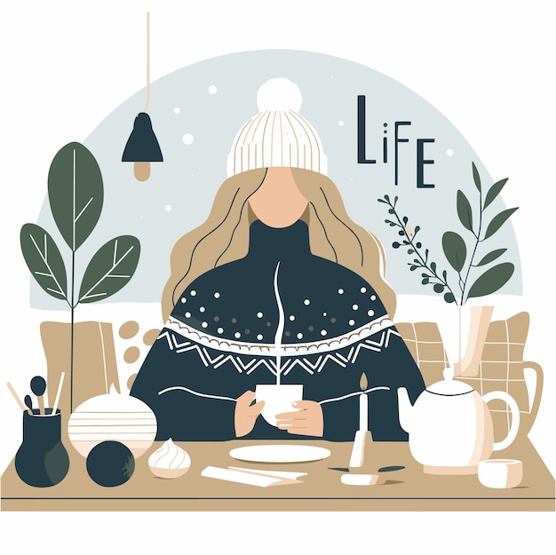 Une Illustration Plate D'une Femme Avec Une Vie Hygge Sur Un Fond Blanc