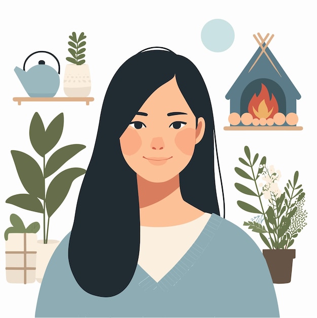 Vecteur une illustration plate d'une femme avec une vie hygge sur un fond blanc