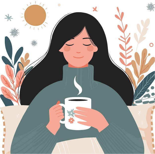 Vecteur une illustration plate d'une femme avec une vie hygge sur un fond blanc