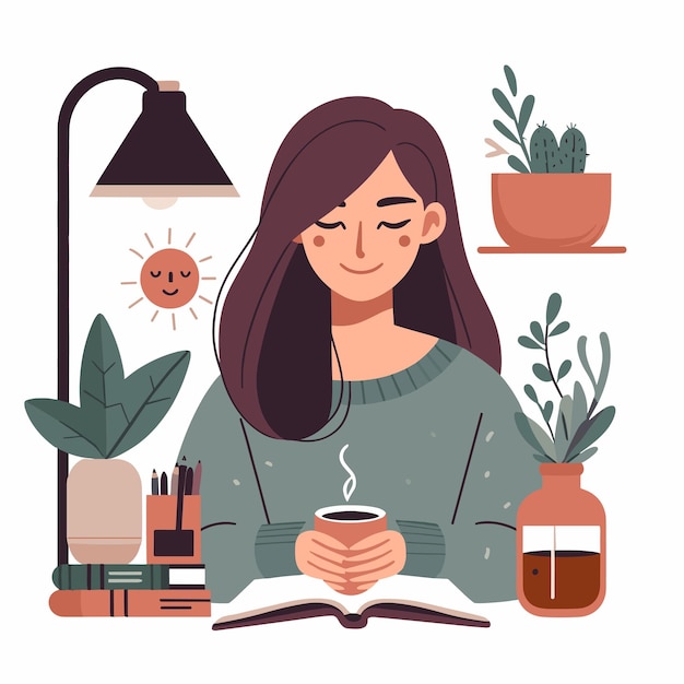 Vecteur une illustration plate d'une femme avec une vie hygge sur un fond blanc