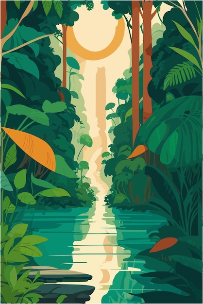 Vecteur illustration plate de la forêt amazonienne avec une rivière et des terres