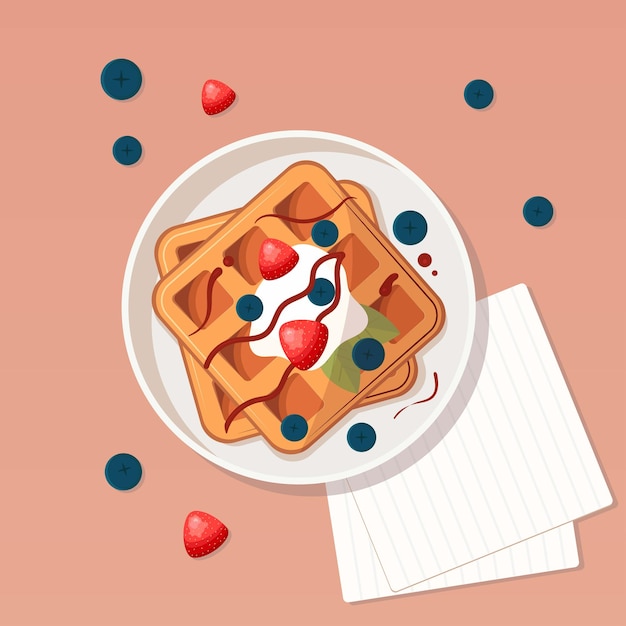 Illustration plate avec des gaufres à la crème sure aux fraises et de la confiture sur une assiette L'illustration peut être utilisée pour les restaurants cafés ou comme illustration de la vie quotidienne