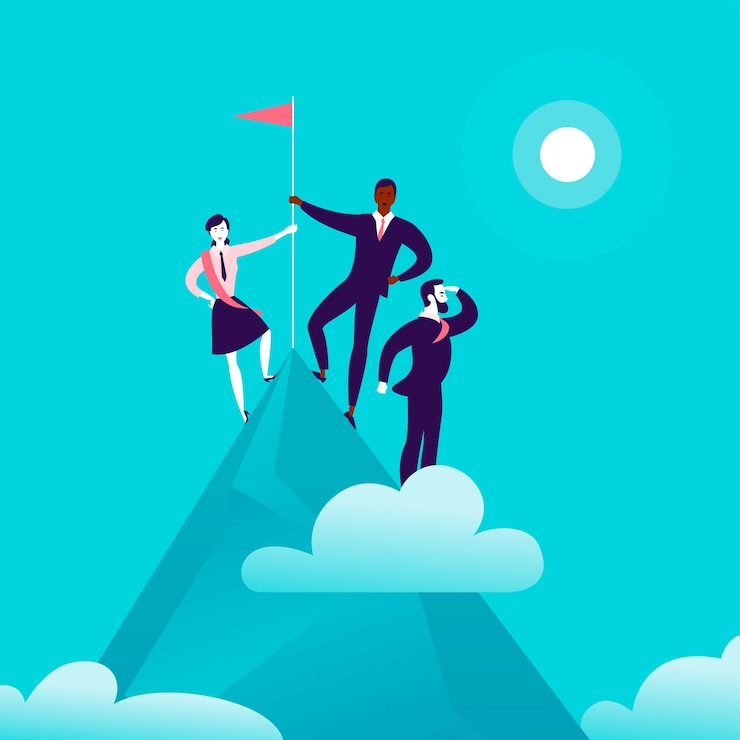 Vecteur illustration plate avec des gens d'affaires debout sur le sommet d'une montagne tenant un drapeau sur fond de ciel bleu nuageux. victoire, réussite, objectif atteint, partenariat, motivation, leader - métaphore.