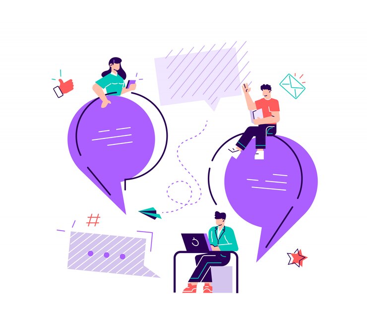 Vecteur illustration plate, un groupe de personnes communique via les réseaux sociaux internet, le concept de communication, discuter d'affaires, nouvelles, connaissances. vecteur de design moderne de style plat